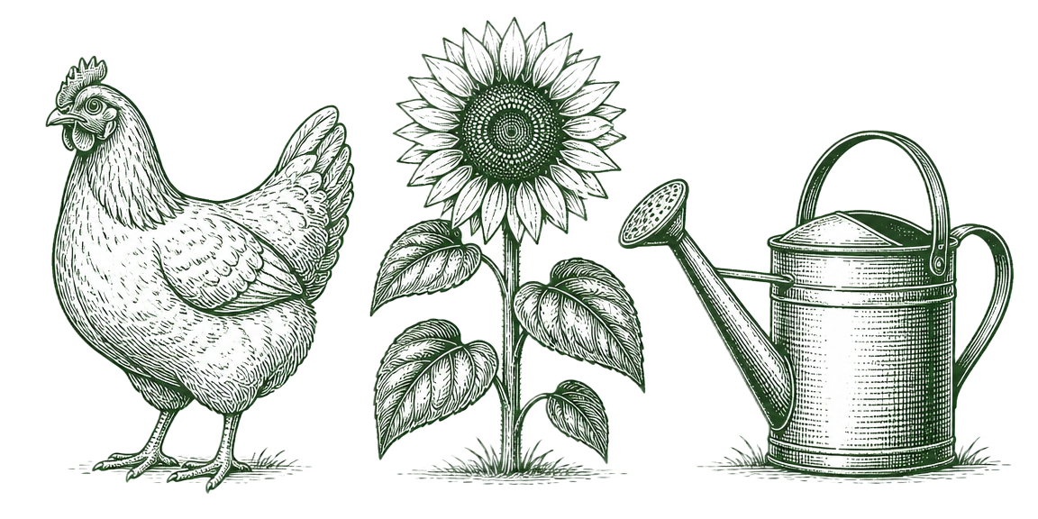 Engraved illustration of hens and a watering can