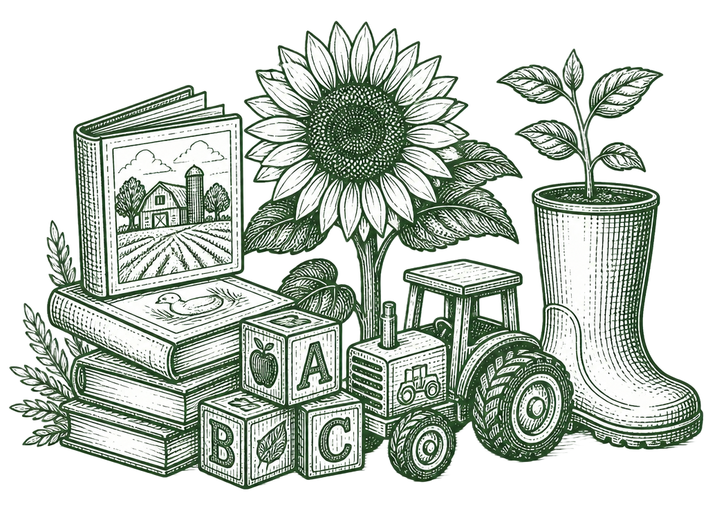 Hand-drawn engraving of picture books, alphabet blocks, a toy tractor, a sunflower and a rubber boot