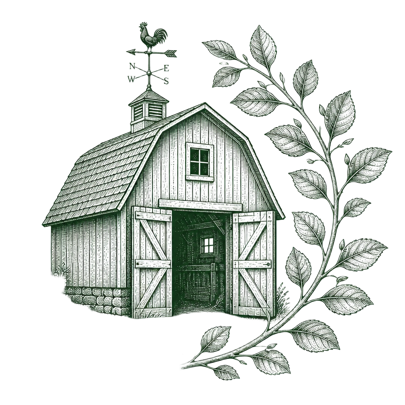 Engraved illustration of a barn with a weather vane