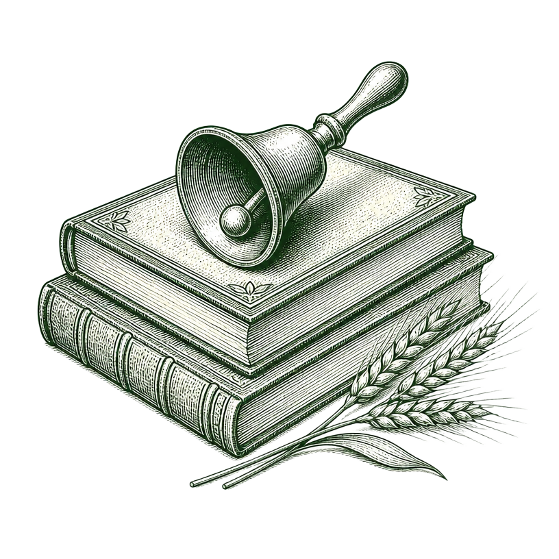 Engraved illustration of a stack of picture books with a hand bell