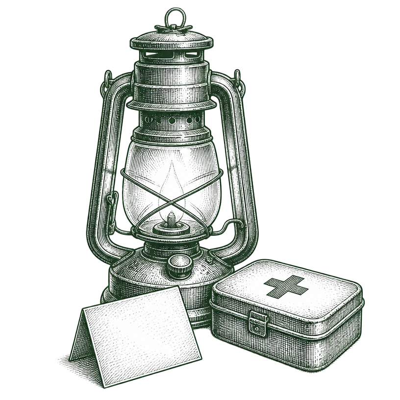 Engraved illustration of a lantern, first-aid tin and note card