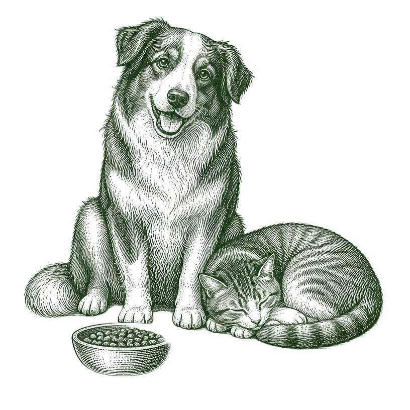 Engraved illustration of a farm dog and a sleeping cat